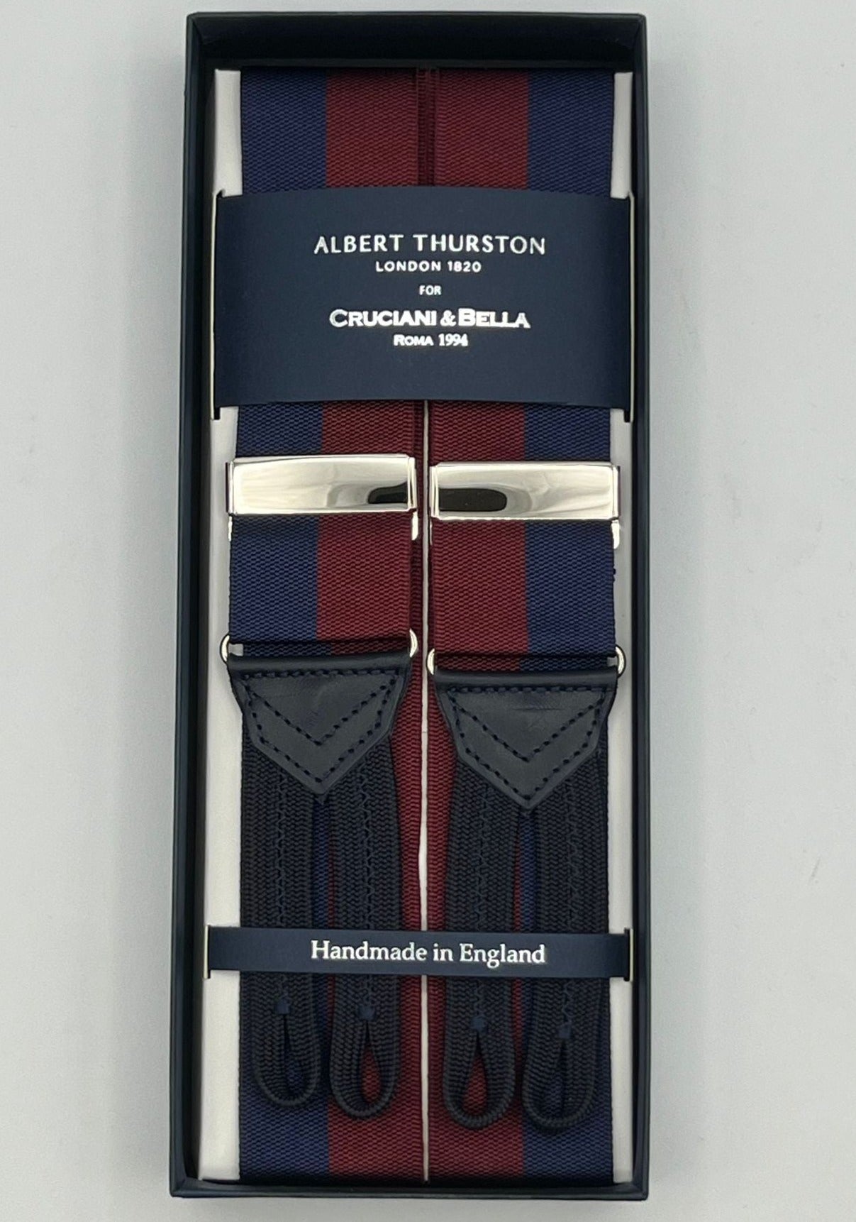 Albert Thurston for Cruciani & Bella Made in England Adjustable Sizing 40 mm Woven Barathea  Blue and Wine Stripes Braces Braid ends Y-Shaped Nickel Fittings Size: XL