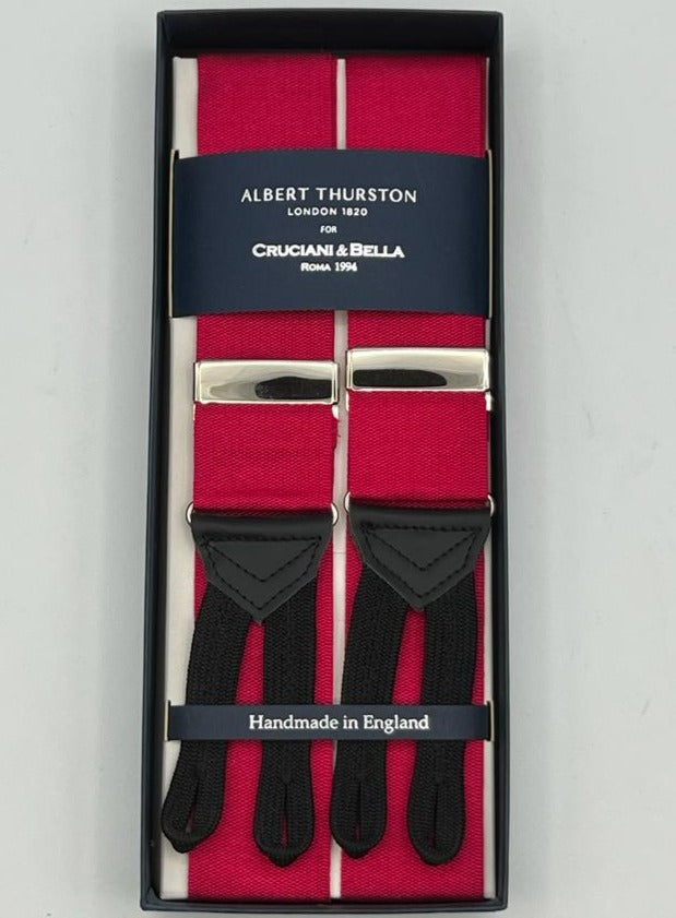 Albert Thurston for Cruciani & Bella Made in England Adjustable Sizing 40 mm Woven Barathea  Bright red Braces Braid ends Y-Shaped Nickel Fittings Size: XL