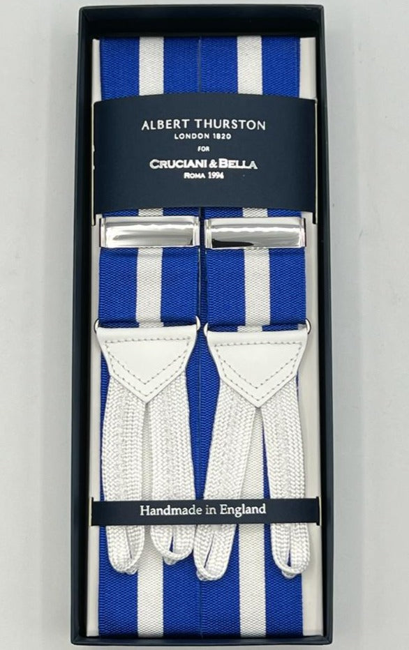 Albert Thurston for Cruciani & Bella Made in England Adjustable Sizing 40 mm Woven Barathea  Light Blue and White Braces Braid ends Y-Shaped Nickel Fittings Multifit