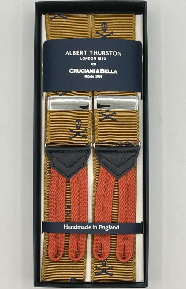 Albert Thurston for Cruciani & Bella Made in England Adjustable Sizing 40 mm Woven Barathea  Mustard and Blue Skulls Motif Braces Braid ends Y-Shaped Nickel Fittings Size. MULTIFIT