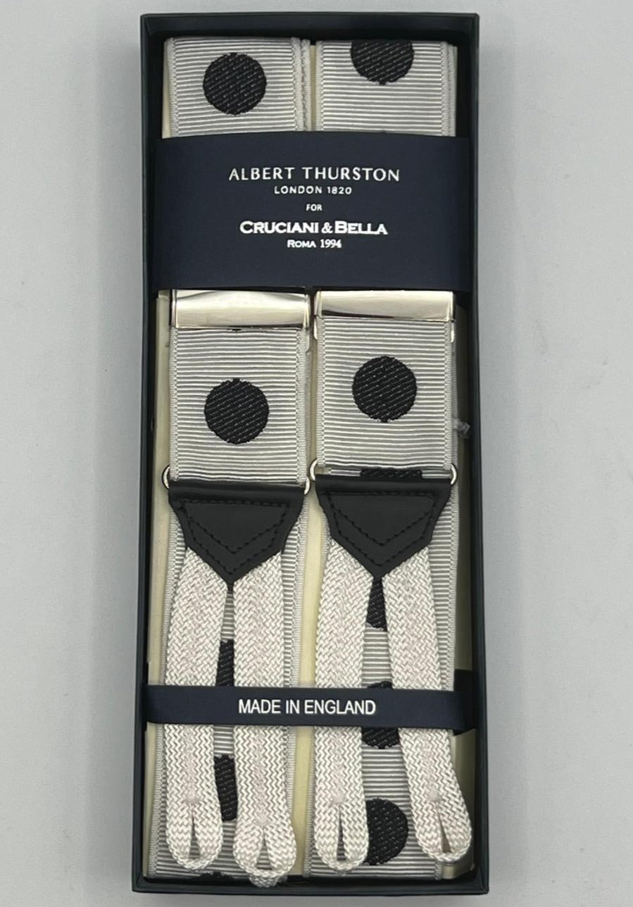 Albert Thurston for Cruciani & Bella Made in England Adjustable Sizing 40 mm Woven Barathea  Off White and Black Coin Dots Braces Braid ends Y-Shaped Nickel Fittings Size: L