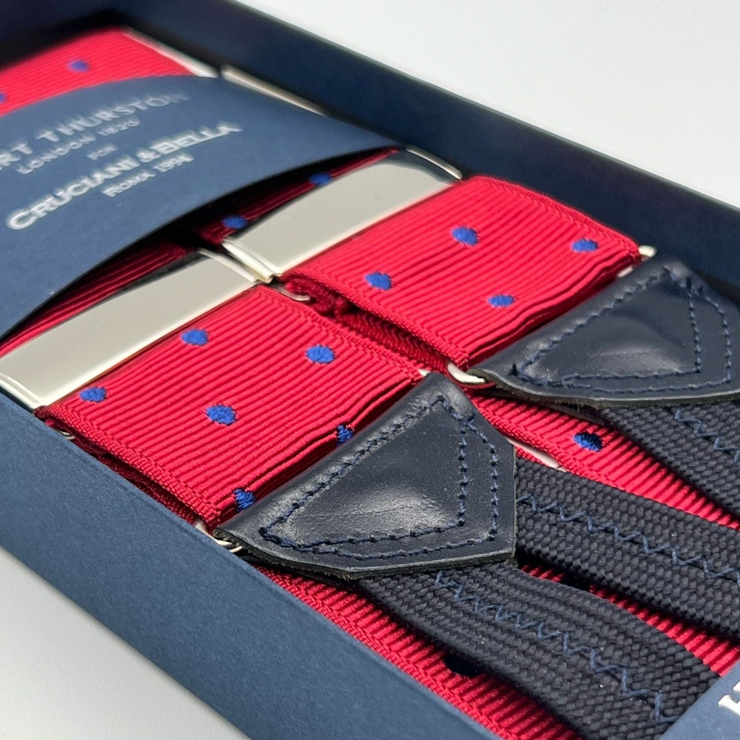 Albert Thurston for Cruciani & Bella Made in England Adjustable Sizing 40 mm Woven Barathea  Red and Blue Dots  Braces Braid ends Y-Shaped Nickel Fittings Size: XL