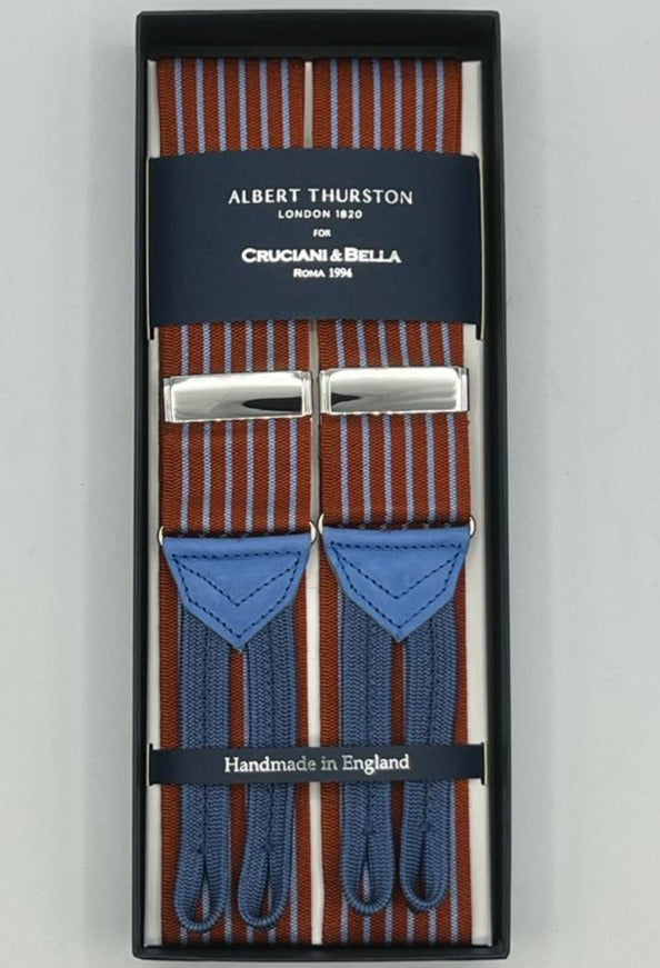 Albert Thurston - Woven Barathea Braces  - 40 mm -  Rust, Light Blue  Stripes # 8348