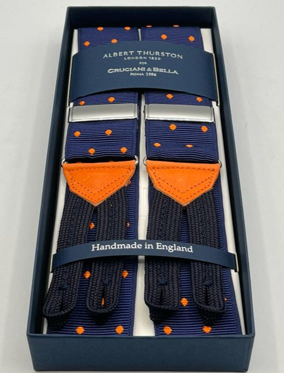 Albert Thurston for Cruciani & Bella Made in England Adjustable Sizing 40 mm Woven Barathea  Blue and Orange Dots  Motif  Braces Y-Shaped Nickel Fittings MULTIFIT