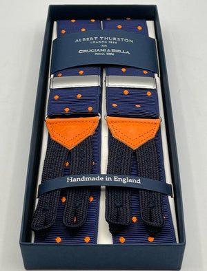 Albert Thurston for Cruciani & Bella Made in England Adjustable Sizing 40 mm Woven Barathea  Blue and Orange Dots  Motif  Braces Y-Shaped Nickel Fittings MULTIFIT