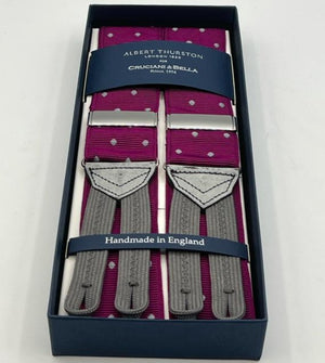Albert Thurston for Cruciani & Bella Made in England Adjustable Sizing 40 mm Woven Barathea  Purple and Grey Dots  Motif  Braces Y-Shaped Nickel Fittings MULTIFIT