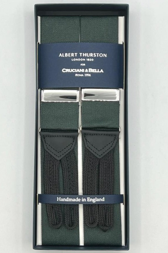 Albert Thurston for Cruciani & Bella Made in England Adjustable Sizing 40 mm Woven Barathea  Dark Green plain Y-Shaped Nickel Fittings Size: XL