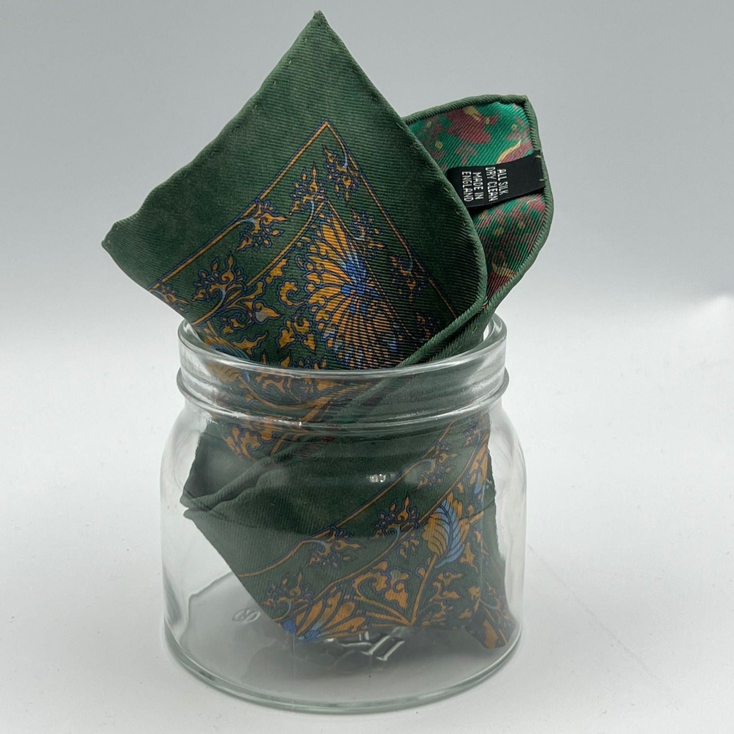 Cruciani & Bella - Silk -  Green, Ocra and Light Blue Double Patterned Motif Pocket Square