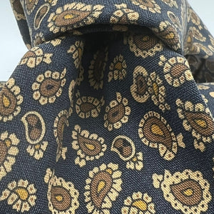 Drake's for Cruciani e Bella 100%  Printed Madder Silk Self Tipped Blue, Ocra and  Brown Paisley motif Tie 36 oz Handmade in London, England 9 cm x 148 cm #2396
