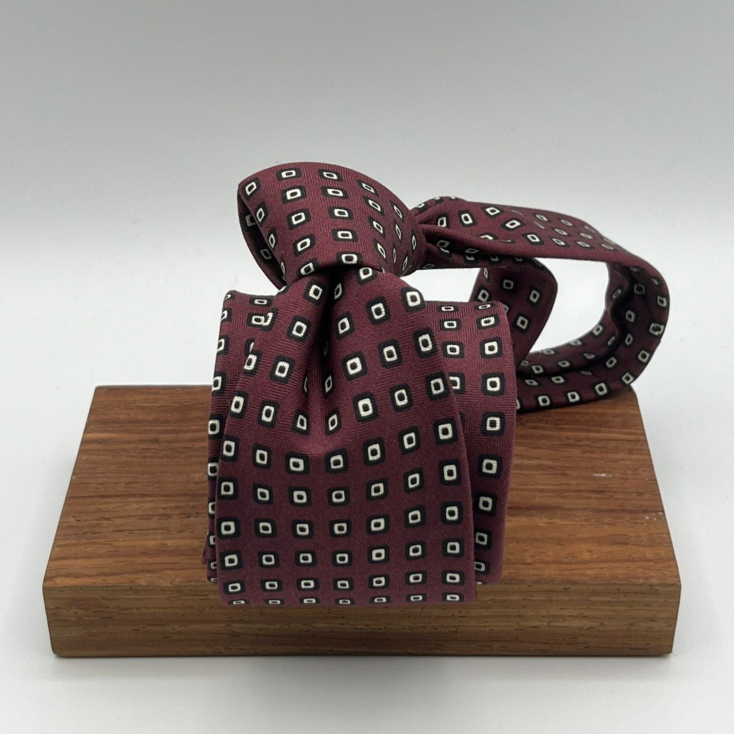 Drake's- Printed Silk - Red Wine, White and Black Motif Tie #0185-1