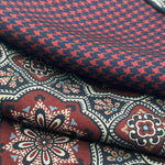 Holliday & Brown Hand-rolled   Holliday & Brown for Cruciani & Bella 100% Silk Light Brown, Blue, Red and Off White  Double Faces Patterned  Motif  Pocket Square Handmade in Italy 32 cm X 32 cm