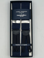 Albert Thurston for Cruciani & Bella Made in England Adjustable Sizing 40 mm braces 100% Wool Fresco III Blue and Dark Blue Pattern Braid ends Y-Shaped Nickel Fittings