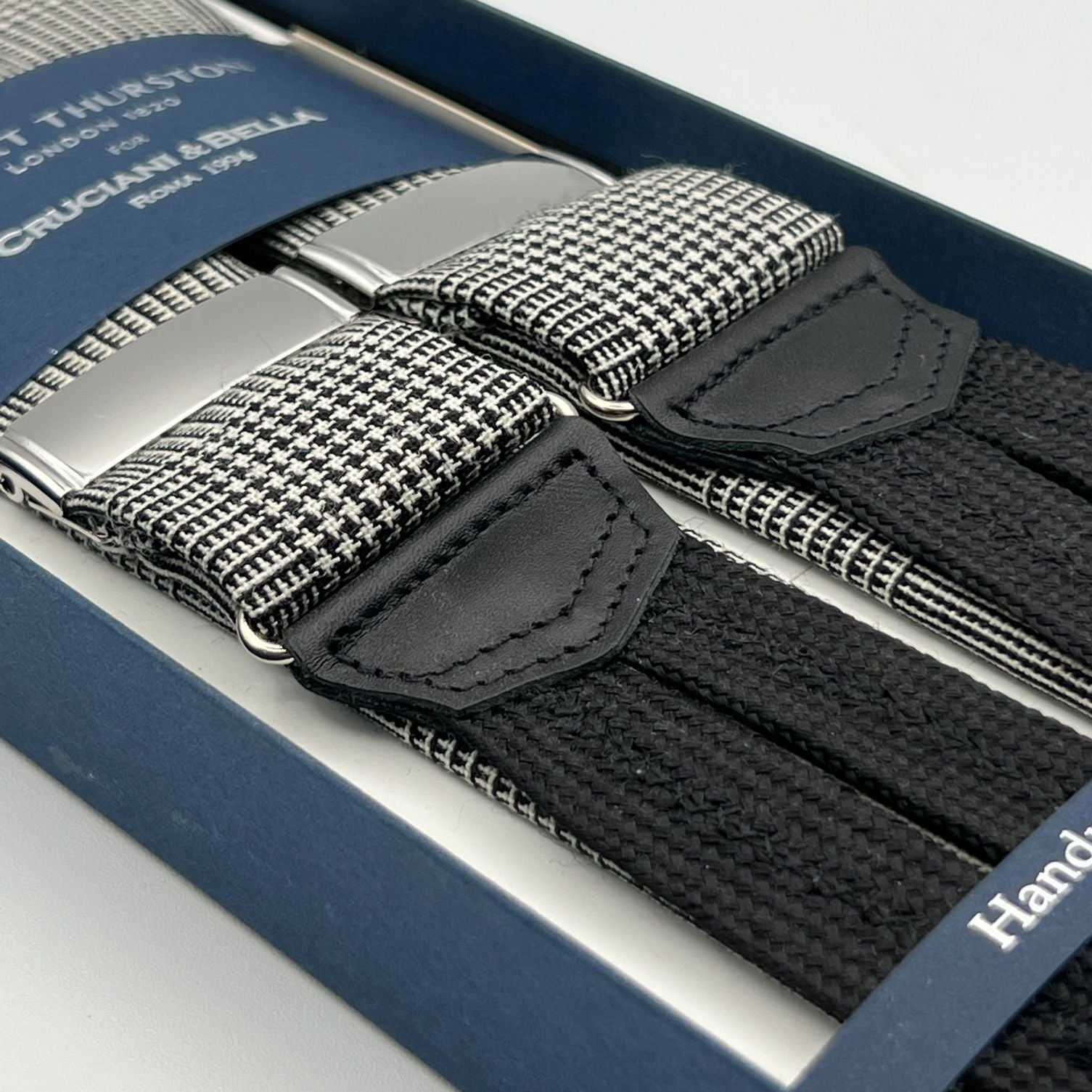 Albert Thurston for Cruciani & Bella Made in England Adjustable Sizing 40 mm braces 100% Wool Fresco III Prince of Wales White and Black  Braid ends Y-Shaped Nickel Fittings XL