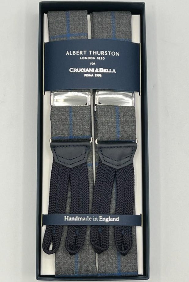 Albert Thurston for Cruciani & Bella Made in England Adjustable Sizing 40 mm braces Suit Linen Series Grey and Light Blue Square Braid ends Y-Shaped Nickel Fittings MULTIFIT