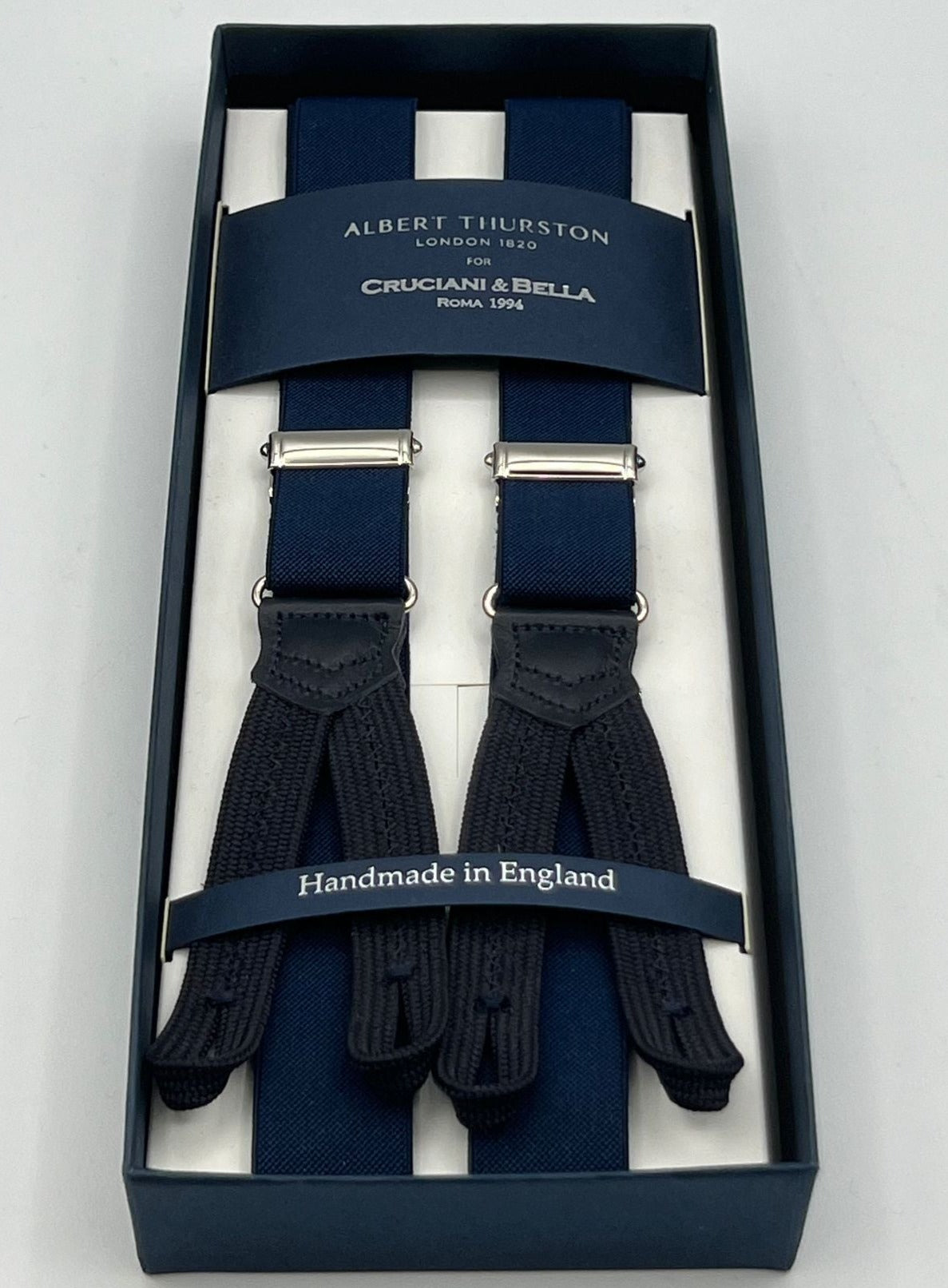 Albert Thurston for Cruciani & Bella Made in England Adjustable Sizing 25 mm elastic braces Blue Plain Braid ends Y-Shaped Nickel Fittings Size: XL