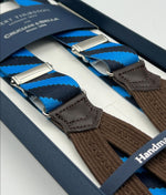 Albert Thurston for Cruciani & Bella Made in England Adjustable Sizing 25 mm elastic braces Light Bleu, Dark Bleu Stripes  Braid ends Y-Shaped Nickel  Fittings Size: XL