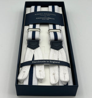 Albert Thurston for Cruciani & Bella Made in England Adjustable Sizing 25 mm elastic braces White, Blue Stripes  Braid ends Y-Shaped Nickel  Fittings Size: XL