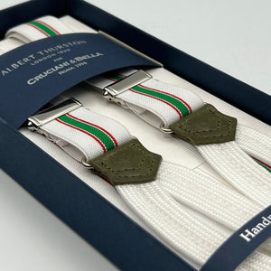 Albert Thurston for Cruciani & Bella Made in England Adjustable Sizing 25 mm elastic braces White, Green and Red Stripes Braid ends Y-Shaped Nickel Fittings Size: L