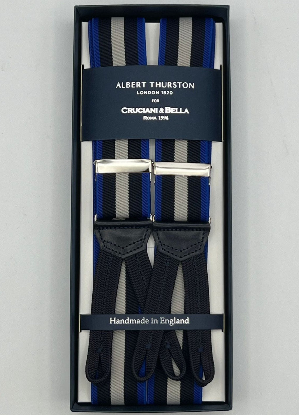 Albert Thurston for Cruciani & Bella Made in England Adjustable Sizing 35 mm Elastic Braces Blue, Light Blue and Grey  Stripes Braces Braid ends Y-Shaped Nickel Fittings Size: L