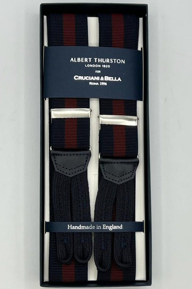 Albert Thurston for Cruciani & Bella Made in England Adjustable Sizing 35 mm Elastic Braces Blue, Red Wine Stripes Braid ends Y-Shaped Nickel Fittings Size: XL