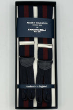 Albert Thurston for Cruciani & Bella Made in England Adjustable Sizing 35 mm Elastic Braces Blue, Red Wine Stripes Braid ends Y-Shaped Nickel Fittings Size: XL