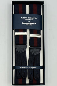 Albert Thurston for Cruciani & Bella Made in England Adjustable Sizing 35 mm Elastic Braces Blue, Red Wine Stripes Braid ends Y-Shaped Nickel Fittings Size: XL