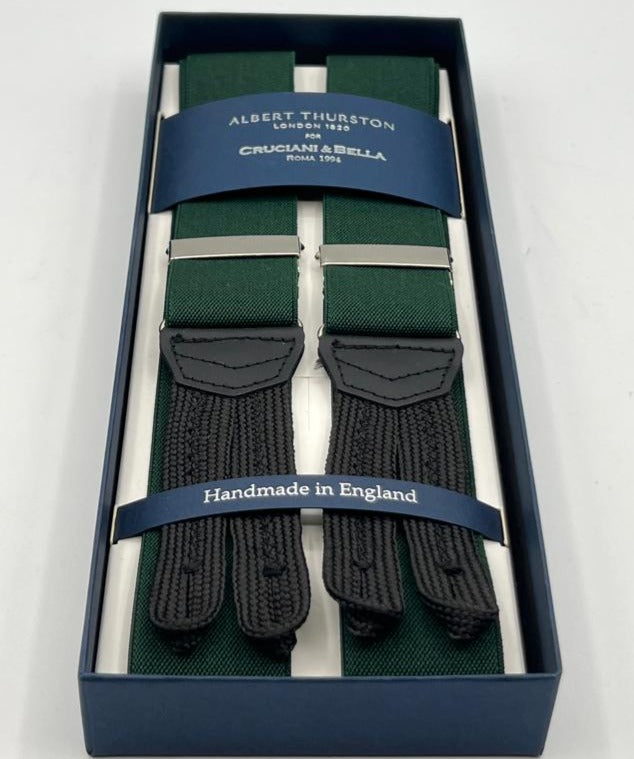 Albert Thurston for Cruciani & Bella Made in England Adjustable Sizing 35 mm Elastic Braces Green plain Braid ends Y-Shaped Nickel Fittings Size: XL