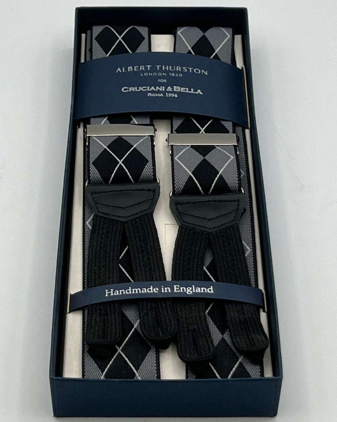 Albert Thurston for Cruciani & Bella Made in England Adjustable Sizing 35 mm elastic  braces Grey, Black and White tartan braces Braid ends Y-Shaped Nickel Fittings Size: L