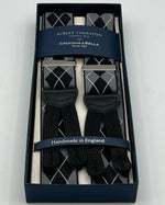 Albert Thurston for Cruciani & Bella Made in England Adjustable Sizing 35 mm elastic  braces Grey, Black and White tartan braces Braid ends Y-Shaped Nickel Fittings Size: L