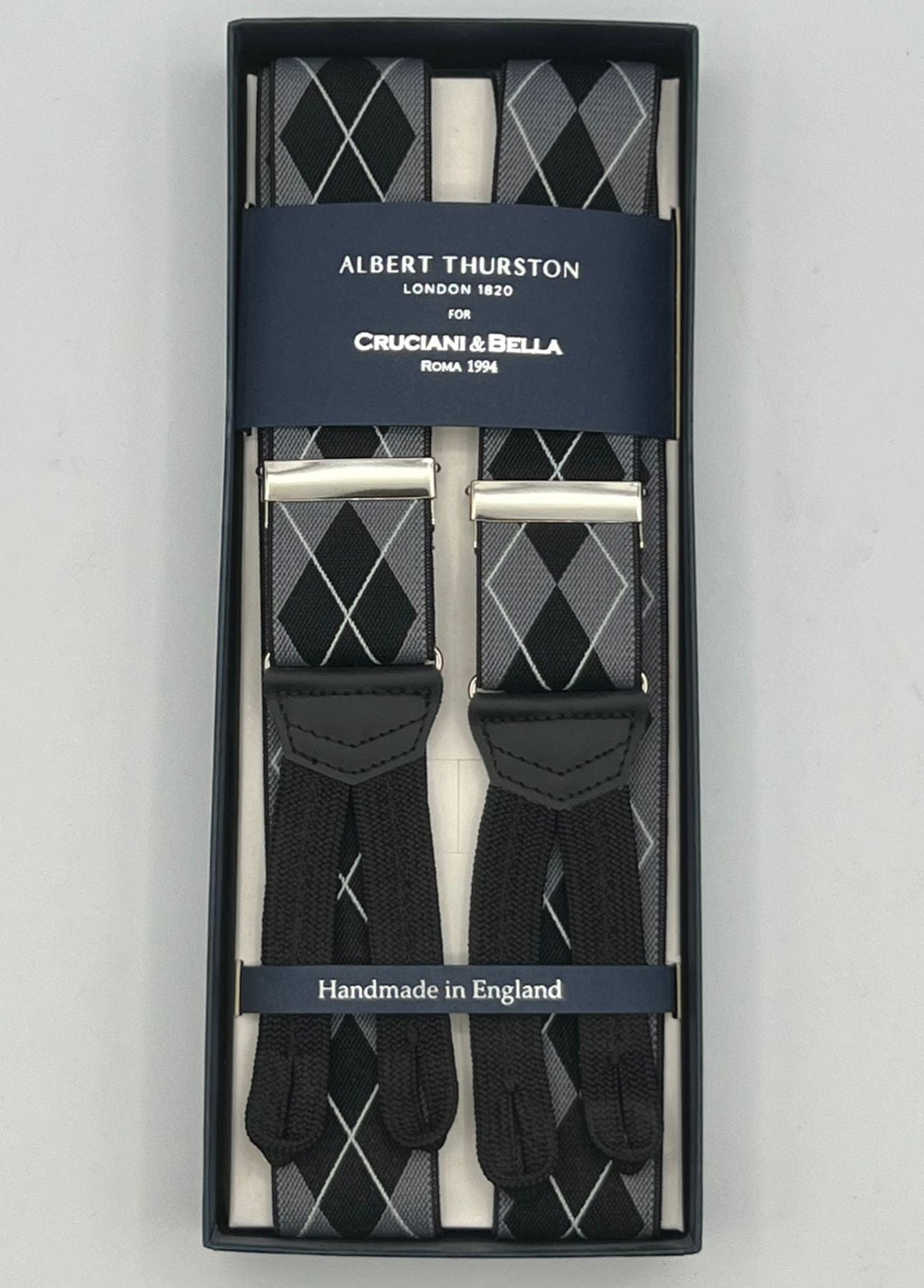 Albert Thurston for Cruciani & Bella Made in England Adjustable Sizing 35 mm elastic  braces Grey, Black and White tartan braces Braid ends Y-Shaped Nickel Fittings Size: L
