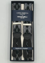 Albert Thurston for Cruciani & Bella Made in England Adjustable Sizing 35 mm elastic  braces Grey, Black and White tartan braces Braid ends Y-Shaped Nickel Fittings Size: L