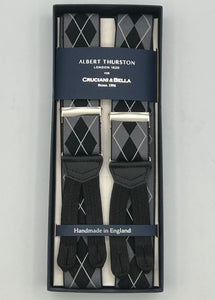 Albert Thurston for Cruciani & Bella Made in England Adjustable Sizing 35 mm elastic  braces Grey, Black and White tartan braces Braid ends Y-Shaped Nickel Fittings Size: L
