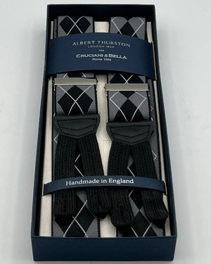 Albert Thurston for Cruciani & Bella Made in England Adjustable Sizing 35 mm elastic  braces Grey, Black and White tartan braces Braid ends Y-Shaped Nickel Fittings Size: L