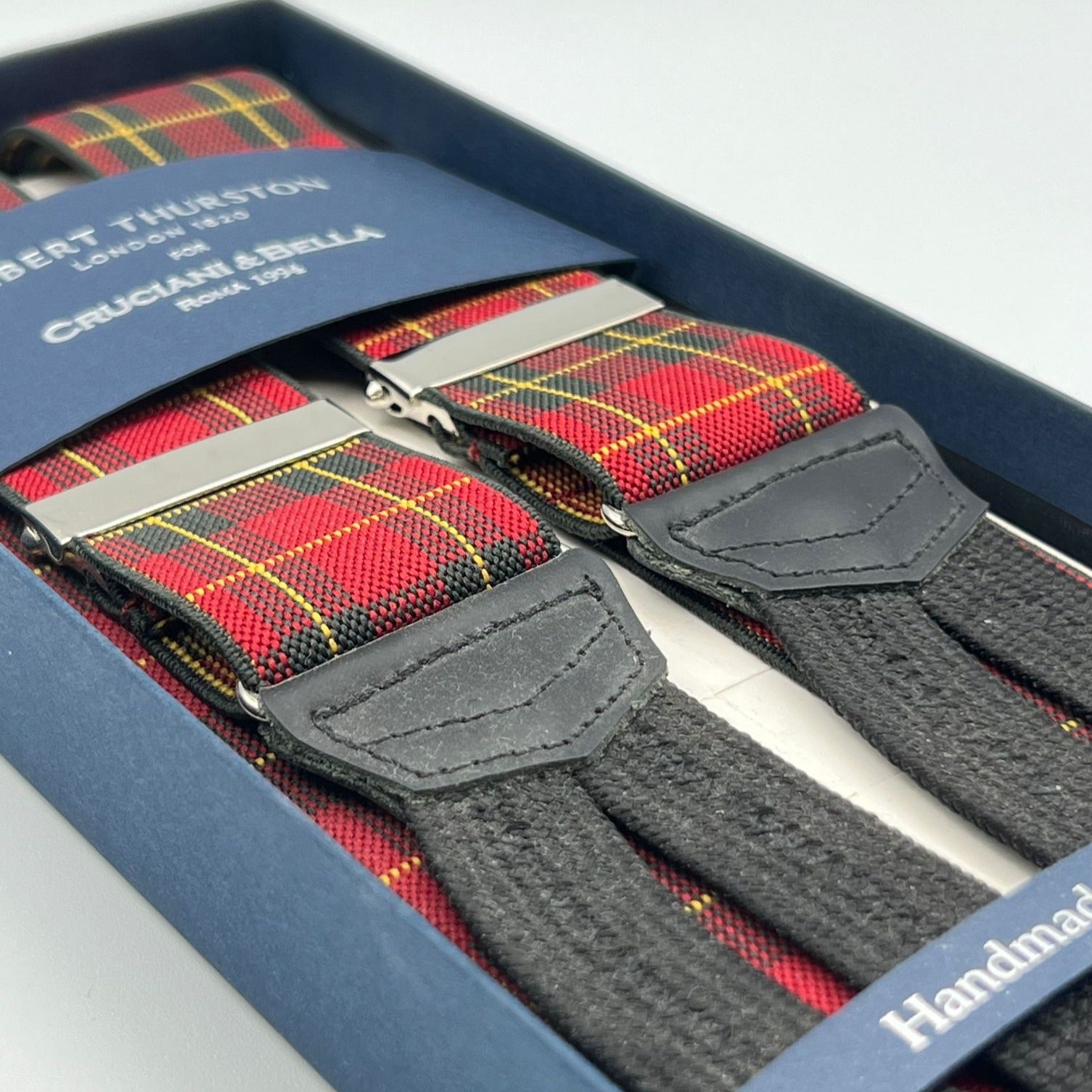 Albert Thurston for Cruciani & Bella Made in England Adjustable Sizing 35 mm elastic  braces Light Red Tartan Braid ends Y-Shaped Nickel Fittings Size: XL