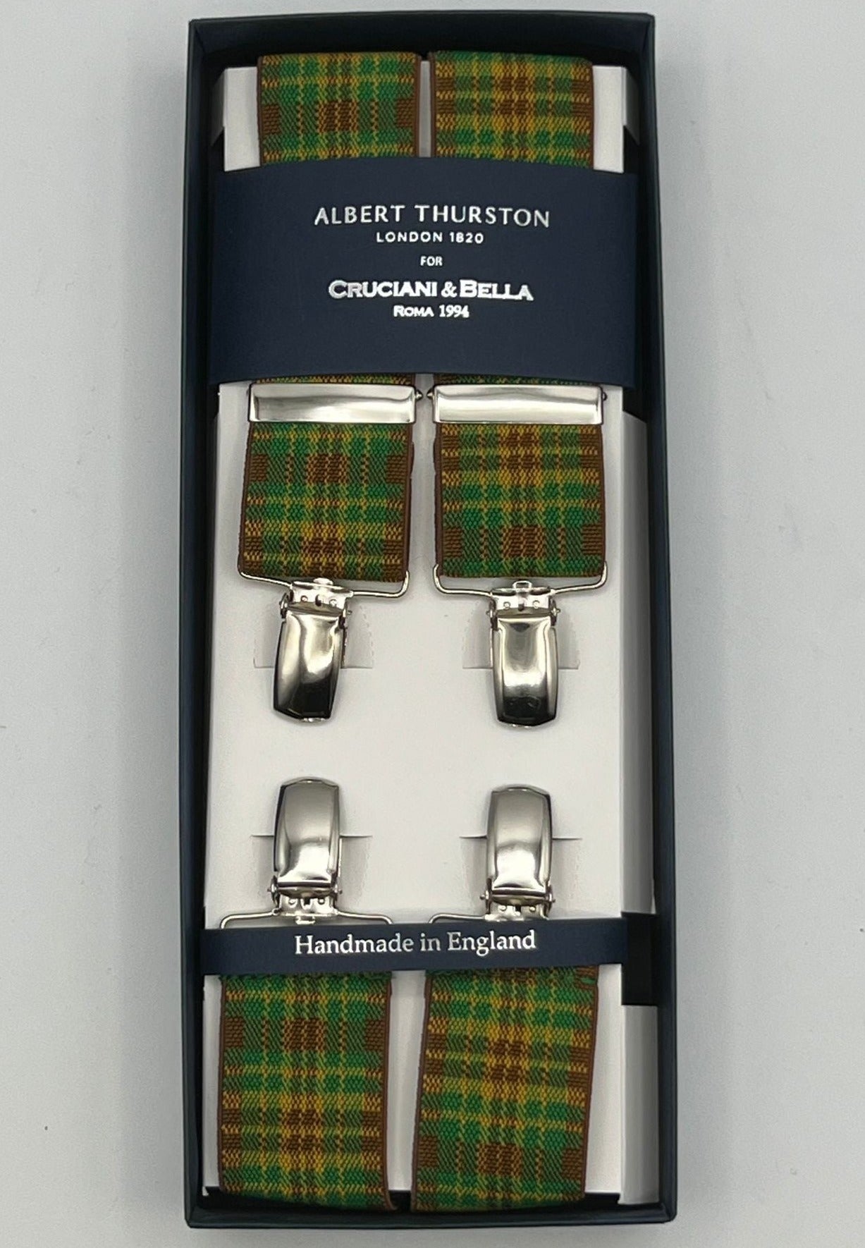 Albert Thurston for Cruciani & Bella Made in England Clip on Adjustable Sizing 35 mm elastic braces Multicolor Tartan Motif X-Shaped Nickel Fittings Size: L