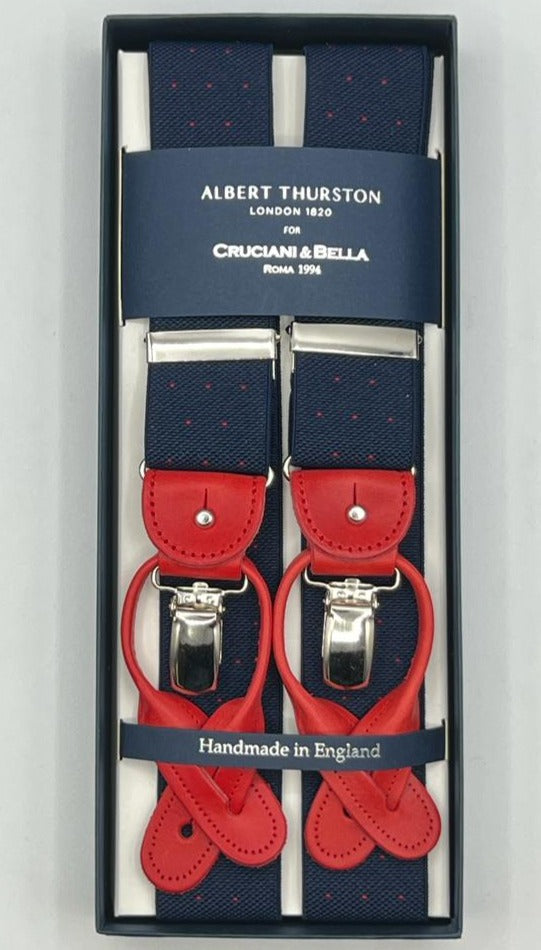 Albert Thurston for Cruciani & Bella Made in England 2 in 1 Adjustable Sizing 35 mm elastic braces Blue, Red Pin Point Y-Shaped Nickel Fittings Size XL