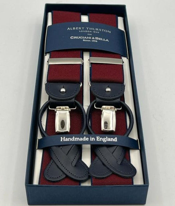 Albert Thurston for Cruciani & Bella Made in England 2 in 1 Adjustable Sizing 35 mm elastic braces Red Wine,  Blue Edge Y-Shaped Nickel Fittings Size XL
