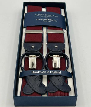 Albert Thurston for Cruciani & Bella Made in England 2 in 1 Adjustable Sizing 35 mm elastic braces Red Wine,  Blue Edge Y-Shaped Nickel Fittings Size XL