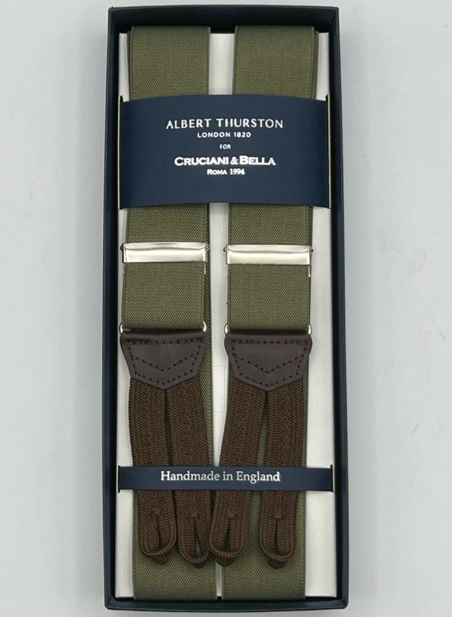 Albert Thurston for Cruciani & Bella Made in England Adjustable Sizing 35 mm elastic Khaki plain braces Braid ends Y-Shaped Nickel Fittings Size: L