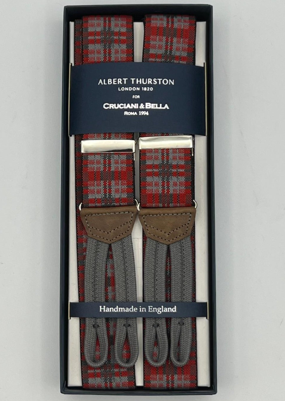 Albert Thurston - Elastic braces - 35 mm - Braid Ends - Red and Grey Tartan #4268