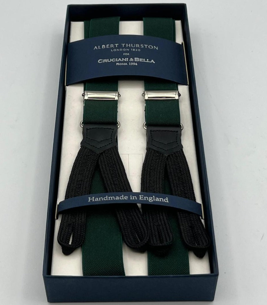 Albert Thurston for Cruciani & Bella Made in England Adjustable Sizing 25 mm elastic braces Bottle Green Plain Braces Braid ends Y-Shaped Nickel Fittings Size: XL