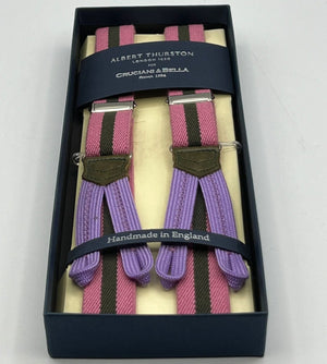 Albert Thurston for Cruciani & Bella Made in England Adjustable Sizing 25 mm elastic braces Pink and military green stripes  Braid ends Y-Shaped Nickel Fittings Size: L