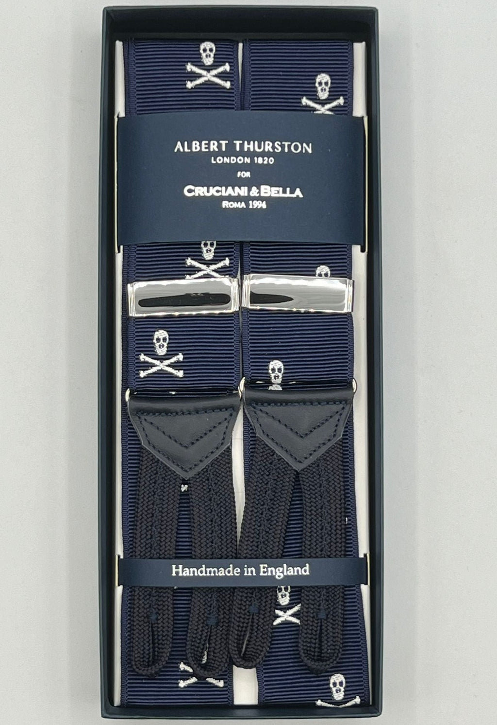 Albert Thurston for Cruciani & Bella Made in England Adjustable Sizing 40 mm Woven Barathea  Blue and White Skulls Motif Braces Braid ends Y-Shaped Nickel Fittings Size. MULTIFIT