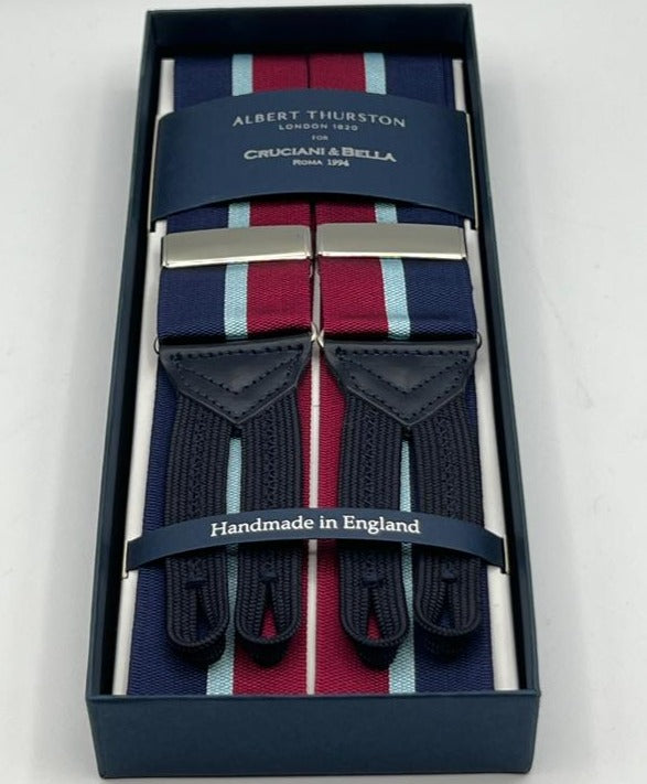 Albert Thurston for Cruciani & Bella Made in England Adjustable Sizing 40 mm Woven Barathea  Blue, Sky Blue and Red Stripes Braces Braid ends Y-Shaped Nickel Fittings Size: XL