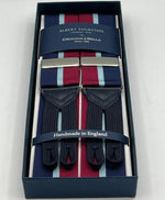 Albert Thurston for Cruciani & Bella Made in England Adjustable Sizing 40 mm Woven Barathea  Blue, Sky Blue and Red Stripes Braces Braid ends Y-Shaped Nickel Fittings Size: XL