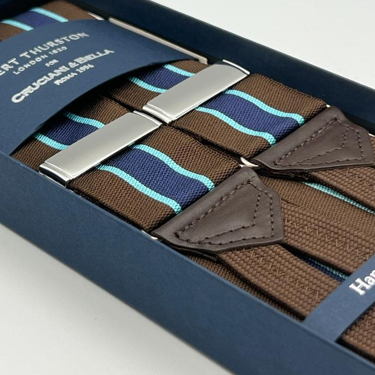 Albert Thurston for Cruciani & Bella Made in England Adjustable Sizing 40 mm Woven Barathea  Brown, Blue and Light Blue Stripes  Motif  Braces Y-Shaped Nickel Fittings Size: XL