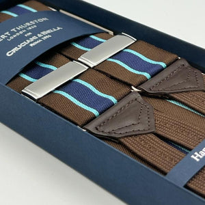 Albert Thurston for Cruciani & Bella Made in England Adjustable Sizing 40 mm Woven Barathea  Brown, Blue and Light Blue Stripes  Motif  Braces Y-Shaped Nickel Fittings Size: XL