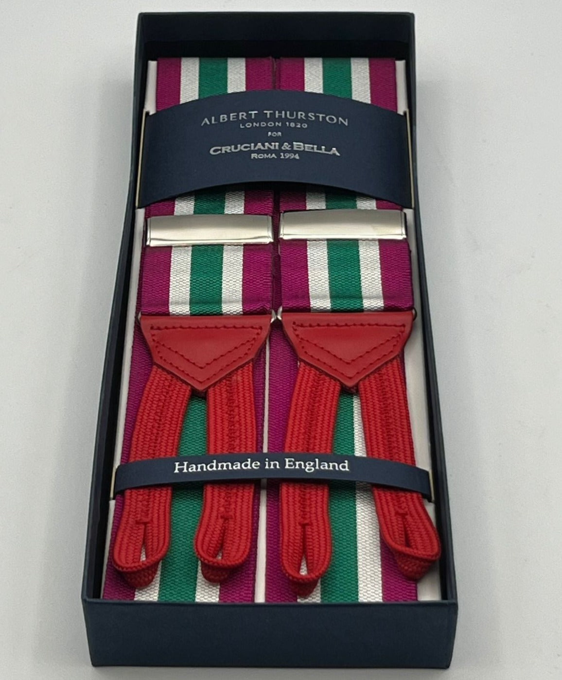 Albert Thurston for Cruciani & Bella Made in England Adjustable Sizing 40 mm Woven Barathea  Fucsia, Green and White Stripes Braces Braid ends Y-Shaped Nickel Fittings Size: XL