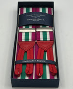 Albert Thurston for Cruciani & Bella Made in England Adjustable Sizing 40 mm Woven Barathea  Fucsia, Green and White Stripes Braces Braid ends Y-Shaped Nickel Fittings Size: XL
