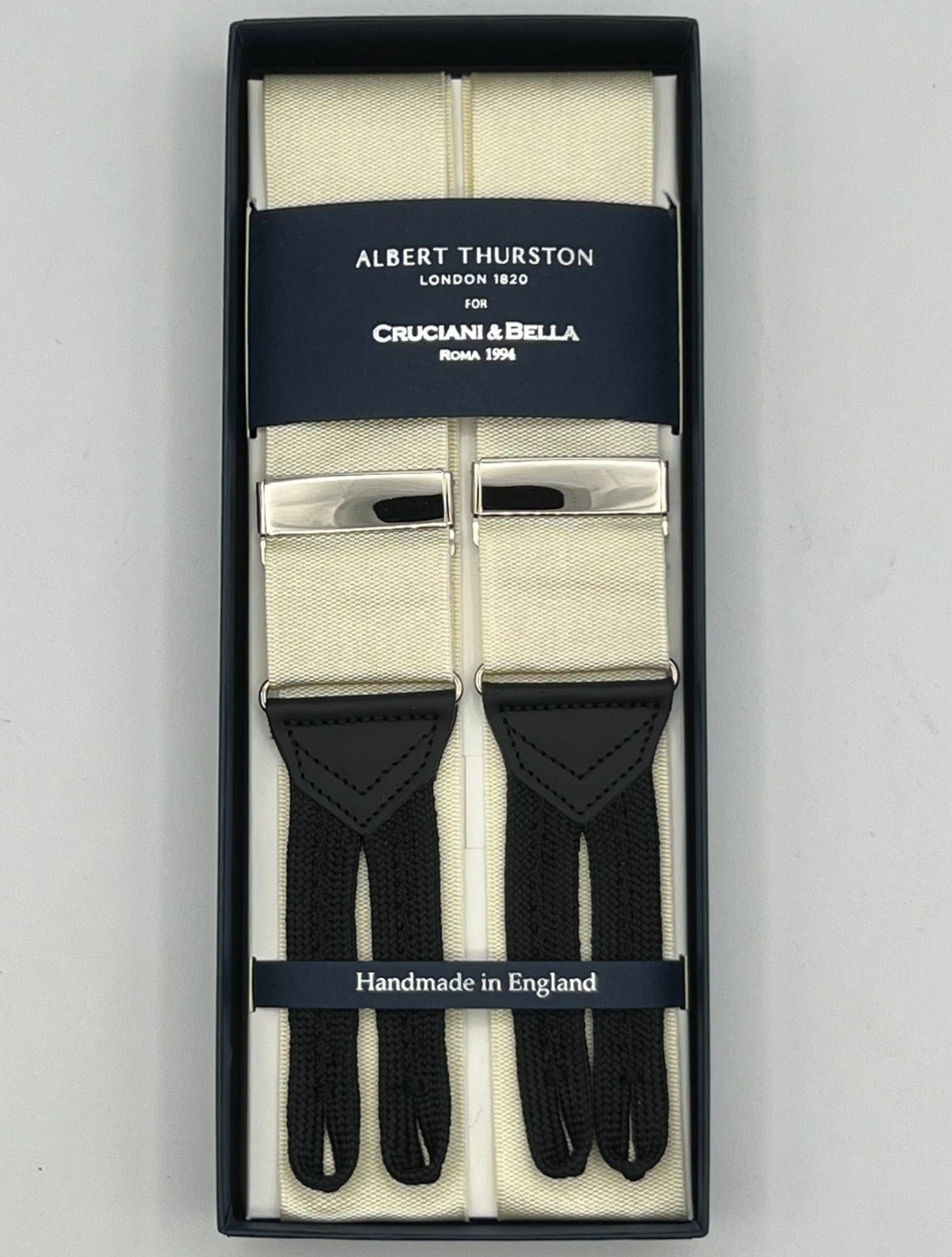 Albert Thurston for Cruciani & Bella Made in England Adjustable Sizing 40 mm Woven Barathea  Ivory Plain Braces Braid ends Y-Shaped Nickel Fittings Size: XL